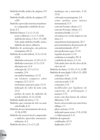 Símbolos braille, índice de, páginas 233         mudanças em, e intervalos, 5-10,
            a 256                                      15-10
      Símbolos braille, tabelas de, páginas 257        colocação no pentagrama, 2-6
            a 283                                      como prefixo para música
      Símbolos aprovados internacionalmen-             instrumental, 17-3
            te, comparados a símbolos de uso           com um 8 acima / abaixo, 2-7
      local, A-2                                       com um 16 acima / abaixo, 2-7
      Símbolos básicos, 1-1 a 1-13, (1)                em música braille, 2-1, 2-2
            notas e silêncios, 1-1 a 1-7, (1A)         em música na versão impressa em
            símbolos de oitava, 1-8 a 1-13, (1B)       tinta, 2-1
            Vide ainda símbolos braille; notas;        em partituras instrumentais, 20-3
            símbolos de oitava, silêncios              para instrumentos de percussão, de
      Símbolos de acentuação, em palavras              som indeterminado, 18-13
            estrangeiras, NC-8                         para professores cegos, 15-14
      Símbolos de acorde (cifras), 12-2 a 12-14,       seguidos do ponto 3, 2-4
            (12A)                                      conforme os exemplos, NC-4
            alinhados com notas, 12-10 a 12-11         e símbolos de oitava, 2-3, 2-6
            alinhados com texto, 12-7 a 12-9           Vide ainda clave de dó; clave de fá;
            alterações em, 12-4                        clave de sol
            colocação de, 12-7 a 12-11             Símbolos de cluster, 13-10 a 13-11, (13B)
            exemplos, 12-6                         Símbolos de nota dupla, 5-30 a 5-31, (5D)
            em análise harmônica, 12-32                colocação, 5-31
            em formato compasso sobre                  com baixo cifrado, 12-24
            compasso, 12-7, 12-11                      com em acorde, 5-30
            em formato seção por seção, 12-12          com ponto, 5-31
            indicação do valor da nota com,            modificados por ligaduras de
            12-13                                      expressão, de prolongação e
            prefixo de parte de símbolos de            nuances, 5-31
            acorde (cifras), 12-12, (12A)              notas com duas hastes de valores
      Símbolos duplos de oitava, 1-13                  diferentes, 5-30
      Símbolos que constam de três ou mais             hastes atravessadas por uma barra
            celas braille, 4-11                        oblíqua, 7-3
      Símbolos de arco (instrumentos de arco),         plicas verticais, 13-14
            17-24, (17D)                               indicando quase-notas, 13-8, (13A)
      Símbolos de caracter local, comparados           e o hífen musical, 5-31
            a símbolos aprovados internacio-       Símbolos de expressão
            nalmente, A-2                              combinados, 10-15
      Símbolos de clave, 2-1 a 2-7, (2)                duplicados, 10-13



306
 