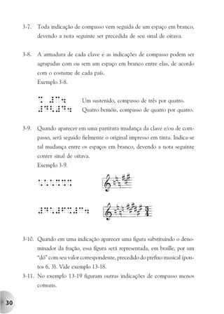 3-7.   Toda indicação de compasso vem seguida de um espaço em branco,
            devendo a nota seguinte ser precedida de seu sinal de oitava.


     3-8.   A armadura de cada clave e as indicações de compasso podem ser
            agrupadas com ou sem um espaço em branco entre elas, de acordo
            com o costume de cada país.
            Exemplo 3-8.


            % #c4              Um sustenido, compasso de três por quatro.
            #D<#D4             Quatro bemóis, compasso de quatro por quatro.


     3-9.   Quando aparecer em uma partitura mudança da clave e/ou de com-
            passo, será seguido fielmente o original impresso em tinta. Indica-se
            tal mudança entre os espaços em branco, devendo a nota seguinte
            conter sinal de oitava.
            Exemplo 3-9.


            ***%%%


            #D*#F%#c4


     3-10. Quando em uma indicação aparecer uma figura substituindo o deno-
            minador da fração, essa figura será representada, em braille, por um
            “dó” com seu valor correspondente, precedido do prefixo musical (pon-
            tos 6, 3). Vide exemplo 13-18.
     3-11. No exemplo 13-19 figuram outras indicações de compasso menos
            comuns.


30
 