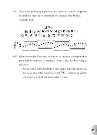 4-11. Estes sinais podem ser duplicados, mas omite-se o ponto 3 do primei-
      ro sinal nos sinais que constam de três ou mais celas brailles.
      Exemplo 4-11.


               %#D4
        _7_7'"&HJDeDJ!DFgHgF"
      "zgiJDJi_7'(J%eFgFe<k




4-12. Quando o original em tinta não inclui os números correspondentes
      para indicar os grupos de tercinas, sestinas, etc., há duas soluções
      possíveis:
      1) inserir o sinal correspondente a cada grupo, conforme linhas aci-
         ma; ou 2) apor entre os grupos o sinal <1, separador de valores,
         sem escrever o sinal que caracteriza o grupo.




                                                                             35
 