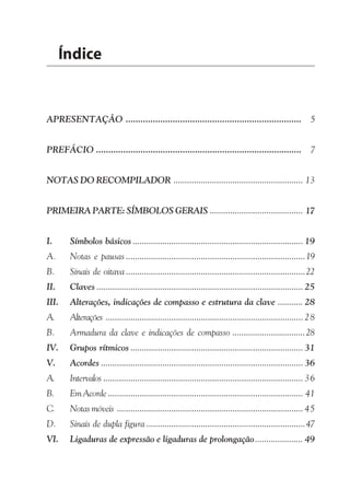 Índice


APRESENTAÇÃO .......................................................................                        5


PREFÁCIO ...................................................................................                7


NOTAS DO RECOMPILADOR ......................................................... 13


PRIMEIRA PARTE: SÍMBOLOS GERAIS ......................................... 17


I.      Símbolos básicos ........................................................................... 19
A.      Notas e pausas ............................................................................... 19
B.      Sinais de oitava ............................................................................... 22
II.     Claves ........................................................................................... 25
III.    Alterações, indicações de compasso e estrutura da clave ........... 28
A.      Alterações ....................................................................................... 28
B.      Armadura da clave e indicações de compasso ................................ 28
IV.     Grupos rítmicos ............................................................................ 31
V.      Acordes ......................................................................................... 36
A.      Intervalos ........................................................................................ 36
B.      Em Acorde ...................................................................................... 41
C.      Notas móveis .................................................................................. 45
D.      Sinais de dupla figura ...................................................................... 47
VI.     Ligaduras de expressão e ligaduras de prolongação..................... 49
 