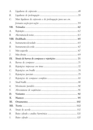 A.       Ligaduras de expressão ................................................................... 49
B.       Ligaduras de prolongação ............................................................... 55
C.       Mais ligaduras de expressão e de prolongação para uso em
         formatos seção por seção ............................................................... 59
VII. Trêmulos ...................................................................................... 62
A.       Repetição ........................................................................................ 62
B.       Alternância de notas ........................................................................ 63
VIII. Dedilhado ..................................................................................... 65
A.       Instrumentos de teclado .................................................................... 65
B.       Instrumentos de corda ...................................................................... 67
1.       Mão esquerda ................................................................................. 67
2.       Mão direita .................................................................................... 69
IX.      Sinais de barras de compasso e repetições .................................... 71
A.       Barras de compasso ....................................................................... 71
B.       Repetições impressas em tinta ......................................................... 72
C.       Repetições em braille ...................................................................... 74
1.       Repetições parciais .......................................................................... 75
2.       Repetições de compasso completo ................................................... 83
3.       Sinal braille ..................................................................................... 88
4.       Movimento paralelo ........................................................................ 90
5.       Abreviaturas de seqüências ............................................................. 91
D.       Variantes ...................................................................................... 92
X.       Nuances ........................................................................................ 95
XI.      Ornamentos ................................................................................ 102
XII. Teoria ......................................................................................... 112
A.       Sinais de acorde ............................................................................ 112
B.       Baixo cifrado e análise harmônica ................................................ 120
1.       Baixo cifrado ................................................................................ 120
 