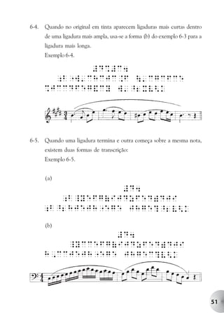 6-4.   Quando no original em tinta aparecem ligaduras mais curtas dentro
       de uma ligadura mais ampla, usa-se a forma (b) do exemplo 6-3 para a
       ligadura mais longa.
       Exemplo 6-4.




6-5.   Quando uma ligadura termina e outra começa sobre a mesma nota,
       existem duas formas de transcrição:
       Exemplo 6-5.


       (a)




       (b)




                                                                              51
 
