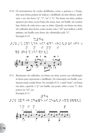 8-10. Os instrumentos de cordas dedilhadas, como a guitarra e o banjo,
           têm uma forma própria de indicar o dedilhado da mão direita, medi-
           ante o uso das letras “p”, “i”, “m” e “a”. Na forma em tinta, podem
           aparecer por cima ou por baixo das notas, mas, em braille, são escritas
           logo abaixo de cada nota a que se refere. Quando, na forma em tinta,
           são utilizadas duas letras, como ocorre com o “ch” para indicar o dedo
           mínimo, em braille estas letras são substituídas pelo “x”.
           Exemplo 8-10.




     8-11. Raramente são utilizados, na forma em tinta, pontos em substituição
           às letras para representar o dedilhado. Na transcrição em braille, con-
           tinuam sendo usadas letras. No exemplo 8-11, o sinal “mais”, na forma
           em tinta, equivale a “p” em braille, um ponto sobre a nota “i”, dois
           pontos na “m”, etc.
           Exemplo 8-11.




70
 