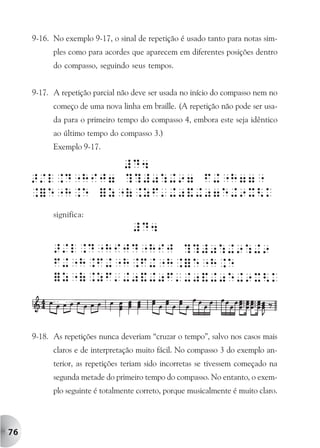 9-16. No exemplo 9-17, o sinal de repetição é usado tanto para notas sim-
           ples como para acordes que aparecem em diferentes posições dentro
           do compasso, seguindo seus tempos.


     9-17. A repetição parcial não deve ser usada no início do compasso nem no
           começo de uma nova linha em braille. (A repetição não pode ser usa-
           da para o primeiro tempo do compasso 4, embora este seja idêntico
           ao último tempo do compasso 3.)
           Exemplo 9-17.




           significa:




     9-18. As repetições nunca deveriam “cruzar o tempo”, salvo nos casos mais
           claros e de interpretação muito fácil. No compasso 3 do exemplo an-
           terior, as repetições teriam sido incorretas se tivessem começado na
           segunda metade do primeiro tempo do compasso. No entanto, o exem-
           plo seguinte é totalmente correto, porque musicalmente é muito claro.




76
 