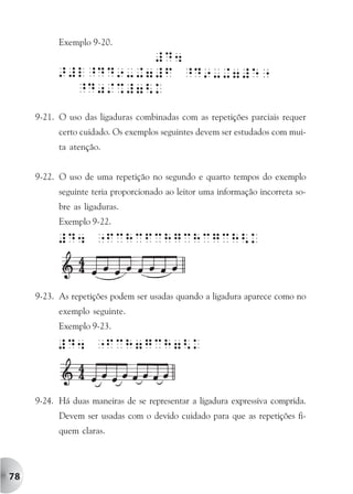Exemplo 9-20.




     9-21. O uso das ligaduras combinadas com as repetições parciais requer
           certo cuidado. Os exemplos seguintes devem ser estudados com mui-
           ta atenção.


     9-22. O uso de uma repetição no segundo e quarto tempos do exemplo
           seguinte teria proporcionado ao leitor uma informação incorreta so-
           bre as ligaduras.
           Exemplo 9-22.




     9-23. As repetições podem ser usadas quando a ligadura aparece como no
           exemplo seguinte.
           Exemplo 9-23.




     9-24. Há duas maneiras de se representar a ligadura expressiva comprida.
           Devem ser usadas com o devido cuidado para que as repetições fi-
           quem claras.




78
 