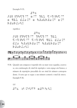 Exemplo 9-35.




           significa:




     9-36. Quando um compasso é repetido três ou mais vezes seguidas, escreve-
           se, em continuação do sinal de repetição e sem espaço em branco, o
           número de repetições precedido de seu sinal de número correspon-
           dente. A nota que se segue a um número conterá o sinal de oitava.
           Exemplo 9-36.


           (a)




84
 