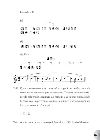 Exemplo 9-41.


      (a)




      (b)



      significa:




9-42. Quando os compassos são numerados na partitura braille, esses nú-
      meros podem ser usados para as repetições. Colocam-se na parte infe-
      rior da cela braille, o número do primeiro e do último compasso do
      trecho a repetir, precedidos do sinal de número e separados por um
      hífen, tal como se vê a seguir:


      #1-8

9-43. A nota que se segue a essa repetição será precedida do sinal de oitava.




                                                                                87
 