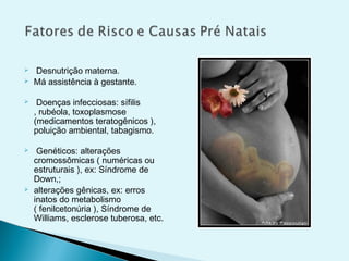  Desnutrição materna.
 Má assistência à gestante.
 Doenças infecciosas: sífilis
, rubéola, toxoplasmose
(medicamentos teratogênicos ),
poluição ambiental, tabagismo.
 Genéticos: alterações
cromossômicas ( numéricas ou
estruturais ), ex: Síndrome de
Down,;
 alterações gênicas, ex: erros
inatos do metabolismo
( fenilcetonúria ), Síndrome de
Williams, esclerose tuberosa, etc.
 