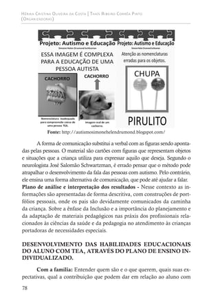 Hérika Cristina Oliveira da Costa | Thaís Ribeiro Corrêa Pinto
(Organizadoras)
78
Fonte: http://autismosimonehelendrumond.blogspot.com/
A forma de comunicação substitui a verbal com as figuras sendo aponta-
das pelas pessoas. O material são cartões com figuras que representam objetos
e situações que a criança utiliza para expressar aquilo que deseja. Segundo o
neurologista José Salomão Schwartzman, é errado pensar que o método pode
atrapalhar o desenvolvimento da fala das pessoas com autismo. Pelo contrário,
ele ensina uma forma alternativa de comunicação, que pode até ajudar a falar.
Plano de análise e interpretação dos resultados - Nesse contexto as in-
formações são apresentadas de forma descritiva, com construções de port-
fólios pessoais, onde os pais são devidamente comunicados da caminha
da criança. Sobre a ênfase da Inclusão e a importância do planejamento e
da adaptação de materiais pedagógicos nas práxis dos profissionais rela-
cionados às ciências da saúde e da pedagogia no atendimento às crianças
portadoras de necessidades especiais.
DESENVOLVIMENTO DAS HABILIDADES EDUCACIONAIS
DO ALUNO COM TEA, ATRAVÉS DO PLANO DE ENSINO IN-
DIVIDUALIZADO.
Com a família: Entender quem são e o que querem, quais suas ex-
pectativas, qual a contribuição que podem dar em relação ao aluno com
 