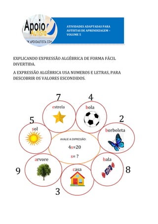 EXPLICANDO EXPRESSÃO ALGÉBRICA DE FORMA FÁCIL
DIVERTIDA.
A EXPRESSÃO ALGÉBRICA USA NUMEROS E LETRAS, PARA
DESCOBRIR OS VALORES ESCONDIDOS.
ATIVIDADES ADAPTADAS PARA
AUTISTAS DE APRENDIZAGEM –
VOLUME 5
AVALIE A EXPRESSÃO:
4s=20
s= ?
sol
5
estrela
7
bola
4
borboleta
arvore
2
9 casa
3
bala
8
 