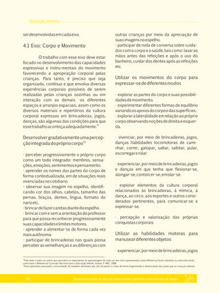 EDUCAÇÃO INFANTIL
Referencial Curricular da Educação Básica da Rede Estadual de Ensino do Estado de Alagoas48
serdesenvolvidasemcadaeixo.
4.1 Eixo: Corpo e Movimento
O trabalho com esse eixo deve estar
focado no desenvolvimento das capacidades
expressivas e instru­mentais do movimento
favorecendo a apropriação corporal pelas
crianças. Para tanto, é preciso que seja
organizado, contínuo e que envolva diversas
experiências corporais possíveis de serem
realizadas pelas crianças sozinhas ou em
interação com as demais. os diferentes
espaços e arranjos espaciais, assim como os
diversos materiais e repertórios da cultura
corporal expressos em brincadeiras, jogos,
danças, são algumas das condições para que
15
essetrabalhoaconteçaadequadamente.
Desenvolvergradativamenteumapercep­
16
çãointegradadoprópriocorpo
­ perceber progressivamente o próprio corpo
como um todo integrado: membros, sensa­
ções,emoções,sentimentosepensamento.
­ aprender os nomes das partes do corpo de
forma contextualizada, em de situações reais
vivenciadasnocotidiano.
­ observar sua imagem no espelho, identifi­
cando cor dos olhos, cabelos, tamanho das
pernas, braços, dentes, língua, formato do
narizetc.
­brincardefazercaretasdiantedoespelho.
­ brincar com e sem a orientação do professor
para que possa reconhecer progressivamente
suascapacidadeselimitesmotores.
­ aprender a alimentar­se de forma cada vez
maisautônoma.
­ participar de brincadeiras nas quais possa
perceber as semelhanças e as diferenças com
outras crianças por meio da apreciação de
suasimagensnoespelho.
­ participar de roda de conversa sobre cuida­
doscomocorpoeasaúde,tais como:lavaras
mãos antes das refeições e após o uso do
banheiro, cuidar dos dentes após as refeições
etc.
Utilizar os movimentos do corpo para
expressar­sedediferentesmodos
· explorar as partes do corpo e suas possibili­
dadesdemovimento.
· experimentar diferentes formas de equilíbrio
variandoosapoiosdocorpoedassuperfícies.
· exploraralateralidadeemrelaçãoaopróprio
corpoobservandonoçõesdedireitaeesquer­
da.
· vivenciar, por meio de brincadeiras, jogos,
danças habilidades locomotoras de cami­
nhar, correr, galopar, saltar, saltitar, pular,
escorregarerolar.
· experienciar,pormeiodebrincadeiras,jogos
e danças em que tenha que flexionar­se,
alongar­se,contorcer­se,enrolar­se.
· explorar elementos da cultura corporal
relacionados às brincadeiras, à mímica, à
dança, ao circo, aos esportes e outros consi­
derados pertinentes, para comunicar­se e
expressar­se.
· percepção e valorização das próprias
conquistascorporais.
Utilizar as habilidades motoras para
manuseardiferentesobjetos
· experienciar,pormeiodebrincadeiras,jogos
15
Este texto e todos os outros que precedem as expectativas de aprendizagem de cada um dos eixos apresentados neste Referencial foram extraídos ou reescritos tendo
como base o Referencial Curricular Nacional para a Educação Infantil, volume 3. MEC, 1998
16
Esta expectativa pressupõe a necessidade de trabalhar atividades que não focalizem o corpo de forma fragmentada e desvinculada das ações que as crianças realizam.
 