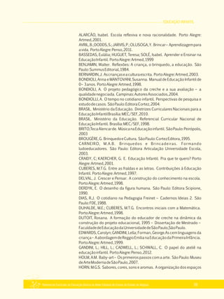 EDUCAÇÃO INFANTIL
Referencial Curricular da Educação Básica da Rede Estadual de Ensino do Estado de Alagoas 59
ALARCÃO, Isabel. Escola reflexiva e nova racionalidade. Porto Alegre:
Artmed,2001.
AVRIL,B.;DODDS,S.;JARVIS,P.;OLUSOGA,Y. Brincar– Aprendizagempara
avida. PortoAlegre:Penso,2011.
BASSEDAS, Eulália; HUGUET, Teresa; SOLÉ, Isabel. Aprender e Ensinar na
EducaçãoInfantil. PortoAlegre:Artmed,1999
BENJAMIN, Walter. Reflexões: A criança, o brinquedo, a educação. São
Paulo:SummusEditorial,1984.
BERNARDIN,J. Ascriançaseaculturaescrita. PortoAlegre:Artmed,2003.
BONDIOLI, Anna e MANTOVANI, Susanna. Manual de Educação Infantil de
0– 3anos. PortoAlegre:Artmed,1998.
BONDIOLI, A. O projeto pedagógico da creche e a sua avaliação – a
qualidadenegociada. Campinas:AutoresAssociados,2004.
BONDIOLLI, A. O tempo no cotidiano infantil. Perspectivas de pesquisa e
estudodecasos. SãoPaulo:EditoraCortez,2004.
BRASIL. Ministério da Educação. Diretrizes Curriculares Nacionais para a
EducaçãoInfantilBrasília:MEC/SEF,2010.
BRASIL. Ministério da Educação. Referencial Curricular Nacional de
EducaçãoInfantil. Brasília:MEC/SEF,1998.
BRITO,TecaAlencarde. MúsicanaEducaçãoinfantil. SãoPaulo:Peirópolis,
2003
BROUGÈRE,G. BrinquedoeCultura. SãoPaulo:CortezEditora,1995.
CARNEIRO, M.A.B. Brinquedos e Brincadeiras. Formando
ludoeducadores. São Paulo: Editora Articulação Universidade Escola,
2003.
CRAIDY, C; KAERCHER, G. E. Educação Infantil. Pra que te quero? Porto
Alegre:Artmed,2001.
CUBERES, M.T.G. Entre as fraldas e as letras. Contribuições à Educação
Infantil. PortoAlegre:Artmed,1997.
DELVAL, J. Crescer e Pensar. A construção do conhecimento na escola.
PortoAlegre:Artmed,1998.
DERDYK, E. O desenho da figura humana. São Paulo: Editora Scipione,
1990.
DIAS, R.J. O cotidiano na Pedagogia Freinet – Cadernos Ideias 2. São
Paulo:FDE,1988.
DUHALDE, M.E.; CUBERES, M.T.G. Encontros iniciais com a Matemática.
PortoAlegre:Artmed,1998.
DUTOIT, Rosana. A formação do educador de creche na dinâmica da
construção do projeto educacional, 1995 – Dissertação de Mestrado –
FaculdadedeEducaçãodaUniversidadedeSãoPaulo,SãoPaulo.
EDWARDS, Carolyn; GANDINI, Lella; Forman, George.As cem linguagens da
criança– AabordagemdeReggioEmilianaEducaçãodaPrimeiraInfância.
PortoAlegre:Artmed,1999.
GANDINI, L.; HILL, L.; CADWELL, L.; SCHWALL, C. O papel do ateliê na
educaçãoinfantil. PortoAlegre:Penso,2012.
HOLM, A.M. Baby­art – Os primeiros passos com a arte. São Paulo: Museu
deArteModernadeSãoPaulo,2007.
HORN, M.G.S. Sabores, cores, sons e aromas. A organização dos espaços
 