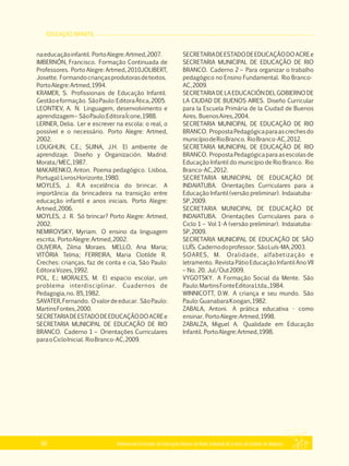 EDUCAÇÃO INFANTIL
Referencial Curricular da Educação Básica da Rede Estadual de Ensino do Estado de Alagoas60
naeducaçãoinfantil. PortoAlegre:Artmed,2007.
IMBERNÓN, Francisco. Formação Continuada de
Professores. Porto Alegre: Artmed, 2010JOLIBERT,
Josette. Formandocriançasprodutorasdetextos.
PortoAlegre:Artmed,1994.
KRAMER, S. Profissionais de Educação Infantil.
Gestãoeformação. SãoPaulo:EditoraÁtica,2005.
LEONTIEV, A. N. Linguagem, desenvolvimento e
aprendizagem– SãoPaulo:EditoraÍcone,1988.
LERNER, Delia. Ler e escrever na escola: o real, o
possível e o necessário. Porto Alegre: Artmed,
2002.
LOUGHLIN, C.E.; SUINA, J.H. El ambiente de
aprendizaje. Diseño y Organización. Madrid:
Morata/MEC,1987.
MAKARENKO, Anton. Poema pedagógico. Lisboa,
Portugal:LivrosHorizonte,1980.
MOYLES, J. R.A excelência do brincar. A
importância da brincadeira na transição entre
educação infantil e anos iniciais. Porto Alegre:
Artmed,2006.
MOYLES, J. R. Só brincar? Porto Alegre: Artmed,
2002.
NEMIROVSKY, Myriam. O ensino da linguagem
escrita. PortoAlegre:Artmed,2002.
OLIVEIRA, Zilma Moraes. MELLO, Ana Maria;
VITÓRIA Telma; FERREIRA, Maria Clotilde R.
Creches: crianças, faz de conta e cia, São Paulo:
EditoraVozes,1992.
POL, E.; MORALES, M. El espacio escolar, um
problema interdisciplinar. Cuadernos de
Pedagogia,no. 85,1982.
SAVATER,Fernando. Ovalordeeducar. SãoPaulo:
MartinsFontes,2000.
SECRETARIADEESTADODEEDUCAÇÃODOACREe
SECRETARIA MUNICIPAL DE EDUCAÇÃO DE RIO
BRANCO. Caderno 1 – Orientações Curriculares
paraoCicloInicial. RioBranco­AC,2009.
SECRETARIADEESTADODEEDUCAÇÃODOACREe
SECRETARIA MUNICIPAL DE EDUCAÇÃO DE RIO
BRANCO. Caderno 2 – Para organizar o trabalho
pedagógico no Ensino Fundamental. Rio Branco­
AC,2009.
SECRETARIA DE LA EDUCACIÓN DEL GOBIERNO DE
LA CIUDAD DE BUENOS AIRES. Diseño Curricular
para la Escuela Primária de la Ciudad de Buenos
Aires. BuenosAires,2004.
SECRETARIA MUNICIPAL DE EDUCAÇÃO DE RIO
BRANCO. PropostaPedagógicaparaascrechesdo
municípiodeRioBranco. RioBranco­AC,2012.
SECRETARIA MUNICIPAL DE EDUCAÇÃO DE RIO
BRANCO. PropostaPedagógicaparaasescolasde
Educação Infantil do município de Rio Branco. Rio
Branco­AC,2012.
SECRETARIA MUNICIPAL DE EDUCAÇÃO DE
INDAIATUBA. Orientações Curriculares para a
Educação Infantil (versão preliminar). Indaiatuba­
SP,2009.
SECRETARIA MUNICIPAL DE EDUCAÇÃO DE
INDAIATUBA. Orientações Curriculares para o
Ciclo 1 – Vol 1­A (versão preliminar). Indaiatuba­
SP,2009.
SECRETARIA MUNICIPAL DE EDUCAÇÃO DE SÃO
LUÍS. Cadernodoprofessor. SãoLuís­MA,2003.
SOARES, M. Oralidade, alfabetização e
letramento. Revista Pátio Educação Infantil Ano VII
– No. 20. Jul/Out2009.
VYGOTSKY. A Formação Social da Mente. São
Paulo:MartinsFonteEditoraLtda.,1984.
WINNICOTT, D.W. A criança e seu mundo. São
Paulo:GuanabaraKoogan,1982.
ZABALA, Antoni. A prática educativa ­ como
ensinar. PortoAlegre:Artmed,1998.
ZABALZA, Miguel A. Qualidade em Educação
Infantil. PortoAlegre:Artmed,1998.
 