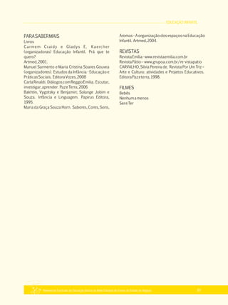 EDUCAÇÃO INFANTIL
Referencial Curricular da Educação Básica da Rede Estadual de Ensino do Estado de Alagoas 61
PARASABERMAIS
Livros
Carmem Craidy e Gladys E. Kaercher
(organizadoras) Educação Infantil. Prá que te
quero?
Artmed,2001.
Manuel Sarmento e Maria Cristina Soares Gouvea
(organizadores). Estudos da Infância ­ Educação e
PráticasSociais. EditoraVozes,2008
CarlaRinaldi. DiálogoscomReggioEmilia. Escutar,
investigar,aprender. PazeTerra,2006
Bakhtin, Vygotsky e Benjamin; Solange Jobim e
Souza. Infância e Linguagem. Papirus Editora,
1995.
Maria da Graça Souza Horn. Sabores, Cores, Sons,
Aromas ­ A organização dos espaços na Educação
Infantil. Artmed,2004.
REVISTAS
RevistaEmília­www.revistaemilia.com.br
RevistaPátio– www.grupoa.com.br/re­vistapatio
CARVALHO, Silvia Pereira de. Revista Por Um Triz –
Arte e Cultura: atividades e Projetos Educativos.
EditoraPazeterra,1998.
FILMES
Bebês
Nenhumamenos
SereTer
 