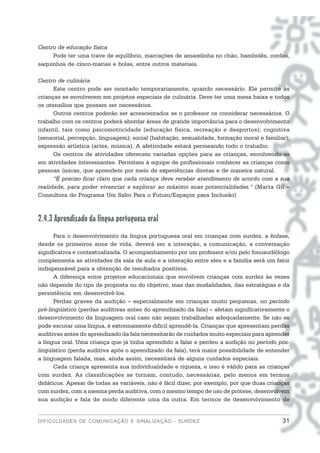 Centro de educação física
     Pode ter uma trave de equilíbrio, marcações de amarelinha no chão, bambolês, cordas,
saquinhos de cinco-marias e bolas, entre outros materiais.

Centro de culinária
      Este centro pode ser montado temporariamente, quando necessário. Ele permite às
crianças se envolverem em projetos especiais de culinária. Deve ter uma mesa baixa e todos
os utensílios que possam ser necessários.
      Outros centros poderão ser acrescentados se o professor os considerar necessários. O
trabalho com os centros poderá abordar áreas de grande importância para o desenvolvimento
infantil, tais como psicomotricidade (educação física, recreação e desportos); cognitiva
(sensorial, percepção, linguagem); social (habitação, sexualidade, formação moral e familiar);
expressão artística (artes, música). A afetividade estará permeando todo o trabalho.
      Os centros de atividades oferecem variadas opções para as crianças, envolvendo-as
em atividades interessantes. Permitem à equipe de profissionais conhecer as crianças como
pessoas únicas, que aprendem por meio de experiências diretas e de maneira natural.
      “É preciso ficar claro que cada criança deve receber atendimento de acordo com a sua
realidade, para poder vivenciar e explorar ao máximo suas potencialidades.” (Marta Gil –
Consultora do Programa Um Salto Para o Futuro/Espaços para Inclusão)



2.4.3 Aprendizado da língua portuguesa oral
      Para o desenvolvimento da língua portuguesa oral em crianças com surdez, a ênfase,
desde os primeiros anos de vida, deverá ser a interação, a comunicação, a conversação
significativa e contextualizada. O acompanhamento por um professor e/ou pelo fonoaudiólogo
complementa as atividades da sala de aula e a interação entre eles e a família será um fator
indispensável para a obtenção de resultados positivos.
      A diferença entre projetos educacionais que envolvem crianças com surdez às vezes
não depende do tipo de proposta ou do objetivo, mas das modalidades, das estratégias e da
persistência em desenvolvê-los.
      Perdas graves da audição – especialmente em crianças muito pequenas, no período
pré-lingüístico (perdas auditivas antes do aprendizado da fala) – afetam significativamente o
desenvolvimento da linguagem oral caso não sejam trabalhadas adequadamente. Se não se
pode escutar uma língua, é extremamente difícil aprendê-la. Crianças que apresentam perdas
auditivas antes do aprendizado da fala necessitarão de cuidados muito especiais para aprender
a língua oral. Uma criança que já tinha aprendido a falar e perdeu a audição no período pós-
lingüístico (perda auditiva após o aprendizado da fala), terá maior possibilidade de entender
a linguagem falada, mas, ainda assim, necessitará de alguns cuidados especiais.
      Cada criança apresenta sua individualidade e riqueza, e isso é válido para as crianças
com surdez. As classificações se tornam, contudo, necessárias, pelo menos em termos
didáticos. Apesar de todas as variáveis, não é fácil dizer, por exemplo, por que duas crianças
com surdez, com a mesma perda auditiva, com o mesmo tempo de uso de prótese, desenvolvem
sua audição e fala de modo diferente uma da outra. Em termos de desenvolvimento de


DIFICULDADES DE COMUNICAÇÃO E SINALIZAÇÃO - SURDEZ                                         31
 