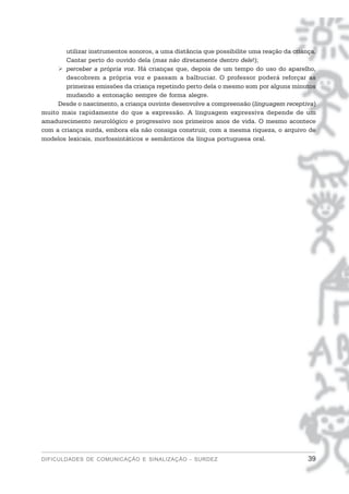 utilizar instrumentos sonoros, a uma distância que possibilite uma reação da criança.
        Cantar perto do ouvido dela (mas não diretamente dentro dele!);
        perceber a própria voz. Há crianças que, depois de um tempo do uso do aparelho,
        descobrem a própria voz e passam a balbuciar. O professor poderá reforçar as
        primeiras emissões da criança repetindo perto dela o mesmo som por alguns minutos
        mudando a entonação sempre de forma alegre.
     Desde o nascimento, a criança ouvinte desenvolve a compreensão (linguagem receptiva)
muito mais rapidamente do que a expressão. A linguagem expressiva depende de um
amadurecimento neurológico e progressivo nos primeiros anos de vida. O mesmo acontece
com a criança surda, embora ela não consiga construir, com a mesma riqueza, o arquivo de
modelos lexicais, morfossintáticos e semânticos da língua portuguesa oral.




DIFICULDADES DE COMUNICAÇÃO E SINALIZAÇÃO - SURDEZ                                        39
 