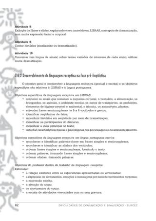 Atividade 8:
Exibição de filmes e slides, explorando o seu conteúdo em LIBRAS, com apoio de dramatização,
com muita expressão facial e corporal.

Atividade 9:
Contar histórias (sinalizadas ou dramatizadas).

Atividade 10:
Conversar (em língua de sinais) sobre temas variados de interesse de cada aluno; utilizar
muita dramatização.




3.6.2 Desenvolvimento da linguagem receptiva na fase pré-lingüística
     O objetivo geral é desenvolver a linguagem receptiva (gestual e escrita) e os objetivos
específicos são relativos à LIBRAS e à língua portuguesa.

Objetivos específicos da linguagem receptiva em LIBRAS:
     • conhecer os sinais que nomeiam o esquema corporal, o vestuário, a alimentação, os
        brinquedos, os animais, o ambiente escolar, os meios de transportes, as profissões,
        elementos de higiene pessoal e ambiental, o trânsito, os automóveis, plantas;
     • entender frases semicomplexas de 5 a 6 vocábulos e gestos;
     • identificar seqüências de fatos;
     • reproduzir histórias em seqüência por meio de dramatização;
     • identificar os participantes do discurso;
     • identificar a idéia principal do texto;
     • detectar características físicas e psicológicas dos personagens e do ambiente descrito.

Objetivos específicos da linguagem receptiva em língua portuguesa escrita:
     • reconhecer e identificar palavras-chave em frases simples e semicomplexas;
     • reconhecer e identificar as sílabas dos vocábulos;
     • ordenar frases simples e semicomplexas, formando o texto;
     • ordenar palavras, formando frases simples e semicomplexas;
     • ordenar sílabas, formando palavras.

Objetivos do professor dentro do trabalho de linguagem receptiva:
Estimular:
     • a relação existente entre as experiências apresentadas ou vivenciadas;
     • a expressão de sentimentos, emoções e mensagens por meio de movimentos corporais;
     • a expressão escrita;
     • a atenção do aluno;
     • os movimentos do corpo;
     • a escrita de atividades vivenciadas com ou sem gravura;



62                               DIFICULDADES DE COMUNICAÇÃO E SINALIZAÇÃO - SURDEZ
 