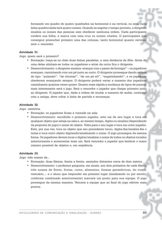 formando um quadro de quatro quadrados na horizontal e na vertical, ou seja, cada
        linha quadriculada terá quatro nomes. Quando se esgotar o tempo previsto, o dirigente
        sinaliza os nomes das pessoas sem obedecer nenhuma ordem. Cada participante
        confere sua folha, e marca com uma cruz os nomes citados. O participante que
        conseguir preencher primeiro uma das colunas, tanto horizontal quanto vertical,
        será o vencedor.

Atividade 31:
Jogo: quem será o primeiro?
     • Formação: traça-se no chão duas linhas paralelas, a uma distância de 20m. Atrás de
        uma delas alinham-se todos os jogadores e atrás da outra fica o dirigente.
     • Desenvolvimento: o dirigente sinaliza: avançar com o passo de formiga!” – os jogadores
        avançam, caminhando com um pé junto ao outro. O dirigente prossegue dando ordens
        do tipo: “pulando!”, “de cócoras!”, “de um pé só!”, “engatinhando!”, e os jogadores
        obedecem avançando sempre. O dirigente poderá variar a maneira dos jogadores
        caminharem quantas vezes quiser. Quanto mais rápida a mudança de tipos de passos,
        mais interessante será o jogo. Será o vencedor o jogador que chegar primeiro junto
        ao dirigente. O jogador que, dada a ordem de mudar a maneira de andar, continuar
        com a antiga, deve voltar à linha de partida e recomeçar.

Atividade 32:
Jogo: memória.
     • Formação: os jogadores ficam à vontade na sala.
     • Desenvolvimento: escolhido o primeiro jogador, este sai de seu lugar e toca em
        qualquer objeto que esteja na sala e, ao mesmo tempo, digita ou sinaliza (dependendo
        da proposta do jogo) o nome do objeto. Volta para o seu lugar e toca em outro jogador.
        Este, por sua vez, toca no objeto que seu precedente tocou, digita-lhe/sinaliza-lhe o
        nome e toca outro objeto digitando/sinalizando o nome. O jogo prossegue da mesma
        forma. Os jogadores devem tocar e digitar/sinalizar o nome de todos os objetos tocados
        anteriormente e acrescentar mais um. Será vencedor o jogador que lembrar o maior
        número possível de objetos e, em seqüência.

Atividade 33:
Jogo: três nomes de...
     • Formação: duas fileiras, frente a frente, sentados distantes cerca de dois metros.
     • Desenvolvimento: o professor pergunta, em sinais, aos dois primeiros de cada fileira,
         três nomes de flores, frutas, cores, alimentos, formas geométricas, do corpo,
         vestuário..., e o aluno que responder em primeiro lugar (sinalizando ou por escrito,
         conforme combinado anteriormente) marcará um ponto para sua equipe. O jogo
         prossegue da mesma maneira. Vencerá a equipe que ao final do jogo obtiver mais
         pontos.




DIFICULDADES DE COMUNICAÇÃO E SINALIZAÇÃO - SURDEZ                                         69
 
