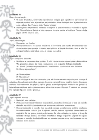 Atividade 34:
Jogo: dramatização.
     • O aluno dramatiza, revivendo experiências sempre que o professor apresentar um
        objeto e praticar uma ação verbal, escrevendo o nome do objeto e da ação vivenciada
        com o aluno. Ex.: Pegue a bola. Vamos brincar.
     • Repetição da experiência, variando os objetos e, posteriormente, variando as ações.
        Ex.: Vamos brincar. Pegue a bola, pegue a boneca, pegue a bicicleta; Pegue a bola,
        jogue a bola, chute a bola.

Atividade 35:
Jogo: adivinhação.
     • Formação: em duplas.
     • Desenvolvimento: os alunos escolhem e escondem um objeto. Dramatizam uma
        situação em que apareça o objeto, sem utilizar a língua de sinais, nem a fala. Os
        colegas tentarão adivinhar o que o colega escondeu.

Atividade 36:
Jogo: brinquedo cantado.
     • Divide-se a turma em dois grupos: A e B. Limita-se um espaço para a brincadeira.
        Um grupo fica diante do outro e estabelece-se o seguinte diálogo sinalizado:
        A - Somos (número de participantes) marinheiros, pobrezinhos sem dinheiro.
        B - O que vieram fazer?

         A - Belas coisas.
         B - Que coisas?
         Obs.: O grupo A escolhe uma ação que irá dramatizar em conjunto para o grupo B
adivinhar. Quando este adivinhar, o grupo A corre e o grupo B tenta pegá-lo, dentro do espaço
limitado. Os elementos do grupo A que o grupo B conseguir pegar mudarão de grupo e a
brincadeira continua, agora trocando-se as letras dos grupos. O grupo A passa a ser o grupo
B e o grupo B passa a ser o grupo A.

Atividade 37:
Jogo: espelho maluco.
     • Material: uma cadeira.
     • Formação: um semicírculo onde os jogadores, sentados, defrontam-se com um espelho
        (jogador escolhido), que está de pé, com uma cadeira às suas costas.
     • Desenvolvimento: o espelho (um jogador) começa a contar uma história sinalizada
        ou dramatizada. Tudo o que o espelho fizer os demais jogadores devem fazer ao
        contrário. Se ele senta, os outros levantam. Se põe o chapéu, os outros o tiram. Se
        levanta o braço direito, os outros levantam o braço esquerdo. Depois de alguns
        minutos, o espelho é substituído por um jogador que não errou nenhuma vez, ou, no
        mínimo, errou menos.




70                               DIFICULDADES DE COMUNICAÇÃO E SINALIZAÇÃO - SURDEZ
 