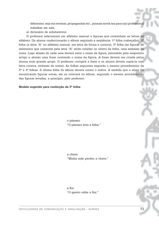 diferentes, seja em revistas, propagandas etc., possam enviá-las para o(a) professor(a)
         trabalhar em sala.
      a) dicionário de substantivos:
      O professor selecionará um alfabeto manual e figuras que contenham as letras do
alfabeto. Os alunos confeccionarão o álbum seguindo a seqüência: 1ª folha (cabeçalho), 2ª
folha (a letra “A” no alfabeto manual, em letra de forma e cursiva), 3ª folha (as figuras de
elementos que comecem pela letra “A” serão coladas no centro da folha, uma embaixo da
outra. Logo abaixo de cada uma deverá estar o nome da figura, precedido pelo respectivo
artigo e abaixo uma frase contendo o nome da figura. A frase deverá ser criada pelos
alunos num grande grupo. O professor corrigirá a frase e os alunos devem copiá-la com
letra cursiva, embaixo do nome). As folhas seguintes seguirão o mesmo procedimento da
2ª e 3ª folhas. A última folha do álbum deverá conter o índice. À medida que o aluno for
encontrando figuras novas, ele as colocará no álbum, seguindo o mesmo procedimento
das figuras levadas, a princípio, pelo professor.

Modelo sugerido para confecção da 3ª folha:




                                    o pássaro
                                    “O pássaro leva a folha.”




                                    a chave
                                    “Minha mãe perdeu a chave.”




                                    a flor
                                    “O garoto colhe a flor.”




DIFICULDADES DE COMUNICAÇÃO E SINALIZAÇÃO - SURDEZ                                           73
 