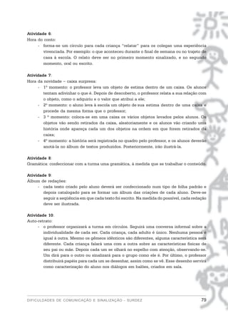 Atividade 6:
Hora do conto:
     - forma-se um círculo para cada criança “relatar” para os colegas uma experiência
        vivenciada. Por exemplo: o que aconteceu durante o final de semana ou no trajeto de
        casa à escola. O relato deve ser no primeiro momento sinalizado, e no segundo
        momento, oral ou escrito.

Atividade 7:
Hora da novidade − caixa surpresa:
     - 1º momento: o professor leva um objeto de estima dentro de um caixa. Os alunos
        tentam adivinhar o que é. Depois de descoberto, o professor relata a sua relação com
        o objeto, como o adquiriu e o valor que atribui a ele;
     - 2º momento: o aluno leva à escola um objeto de sua estima dentro de uma caixa e
        procede da mesma forma que o professor;
     - 3 º momento: coloca-se em uma caixa os vários objetos levados pelos alunos. Os
        objetos vão sendo retirados da caixa, aleatoriamente e os alunos vão criando uma
        história onde apareça cada um dos objetos na ordem em que forem retirados da
        caixa;
     - 4º momento: a história será registrada no quadro pelo professor, e os alunos deverão
        anotá-la no álbum de textos produzidos. Posteriormente, irão ilustrá-la.

Atividade 8:
Gramática: confeccionar com a turma uma gramática, à medida que se trabalhar o conteúdo.

Atividade 9:
Álbum de redações:
     - cada texto criado pelo aluno deverá ser confeccionado num tipo de folha padrão e
        depois catalogado para se formar um álbum das criações de cada aluno. Deve-se
        seguir a seqüência em que cada texto foi escrito. Na medida do possível, cada redação
        deve ser ilustrada.

Atividade 10:
Auto-retrato:
     - o professor organizará a turma em círculos. Seguirá uma conversa informal sobre a
        individualidade de cada ser. Cada criança, cada adulto é único. Nenhuma pessoa é
        igual à outra. Mesmo os gêmeos idênticos são diferentes, alguma característica será
        diferente. Cada criança falará uma com a outra sobre as características físicas de
        seu pai ou mãe. Depois cada um se olhará no espelho com atenção, observando-se.
        Um dirá para o outro ou sinalizará para o grupo como ele é. Por último, o professor
        distribuirá papéis para cada um se desenhar, assim como se vê. Esse desenho servirá
        como caracterização do aluno nos diálogos em balões, criados em sala.




DIFICULDADES DE COMUNICAÇÃO E SINALIZAÇÃO - SURDEZ                                        79
 