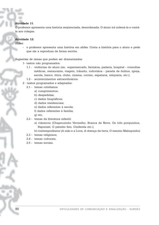 Atividade 11:
O professor apresenta uma história seqüenciada, desordenada. O aluno irá ordená-la e contá-
la aos colegas.

Atividade 12:
Slides:
      - o professor apresenta uma história em slides. Conta a história para o aluno e pede
        que ele a reproduza de forma escrita.

Sugestões de temas que podem ser dramatizados:
     1- textos não programados:
        1.1 - vivências do aluno (ex.: supermercado, farmácia, padaria, hospital - consultas
              médicas, restaurante, viagem, trânsito, rodoviária - parada de ônibus, igreja,
              escola, banco, ótica, clube, cinema, correio, sapataria, relojoaria, etc.);
        1.2 - acontecimentos extraordinários.
     2 - textos programados e adaptados:
        2.1 - temas cotidianos:
              a) cumprimentos;
              b) despedidas;
              c) dados biográficos;
              d) dados residenciais;
              e) dados referentes à escola;
              f) dados referentes à família;
              g) etc.
        2.2 - temas da literatura infantil:
              a) clássicos (Chapeuzinho Vermelho, Branca de Neve, Os três porquinhos,
                 Rapunzel, O patinho feio, Cinderela etc.);
              b) contemporâneos (A mão e a Luva, A doença da terra, O menino Maluquinho)
        2.3 - temas religiosos;
        2.4 - temas culturais;
        2.5 - temas sociais.




80                              DIFICULDADES DE COMUNICAÇÃO E SINALIZAÇÃO - SURDEZ
 