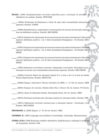 BRASIL. (1992) Complementação curricular específica para a educação do portador de
   deficiência da audição. Brasília: FEDF/DEE.

_____. (1994a) Declaração de Salamanca e linha de ação sobre necessidades educacionais
     especiais. Brasília: CORDE.

_____. (1994b) Subsídios para a organização e funcionamento de serviços de educação especial:
     área de deficiência auditiva. Brasília: MEC/SEESP.

_____. (1997a) Programa de capacitação de recursos humanos do ensino fundamental. Educação
     especial: deficiência auditiva – vol. I. Série Atualidades Pedagógicas – 04. Brasília: MEC/
     SEESP .

_____. (1997b) Programa de capacitação de recursos humanos do ensino fundamental. Educação
     especial: deficiência auditiva – vol. II. Série Atualidades Pedagógicas – 04. Brasília: MEC/
     SEESP .

_____. (1997c) Programa de capacitação de recursos humanos do ensino fundamental. Educação
     especial: deficiência auditiva – vol. III. Série Atualidades Pedagógicas – 04. Brasília: MEC/
     SEESP .

_____. (1999) Parâmetros curriculares nacionais. Adaptações curriculares. Estratégias para a
     educação de alunos com necessidades educacionais especiais. Brasília: MEC/SEESP.

_____. (2000a) Currículo básico da educação infantil (0 a 3 anos e de 4 a 6 anos de idade).
     Versão Experimental. Brasília: SEDUC/DF.

_____. (2000b) Espaço, Informativo Técnico Científico do INES, n.° 13. Rio de Janeiro: INES.

_____. (2000c) Espaços de inclusão. Boletim Salto Para o Futuro. Rio de Janeiro: TV Escola.

_____. (2001a) Anais do Seminário Surdez, Diversidade Social. Rio de Janeiro: INES

_____. (2001b) Diretrizes nacionais para educação especial na educação básica. Brasília: CNE.

_____. (2001c) Referencial curricular nacional para a educação infantil – Introdução, vol.1.
     Brasília: MEC/SEESP .

BERGMANN, L. (2000) Espaço, n.º 16. Rio de Janeiro: INES.

CHOMSKY, N. (1994) Language and problems of knowledge. Cambridge. Massachusetts.

CUNHA, N.H.S. (1994) Brinquedo, desafio e descoberta. Subsídios para a utilização e confecção
   de brinquedos. Brasília: FAE.


DIFICULDADES DE COMUNICAÇÃO E SINALIZAÇÃO - SURDEZ                                             87
 