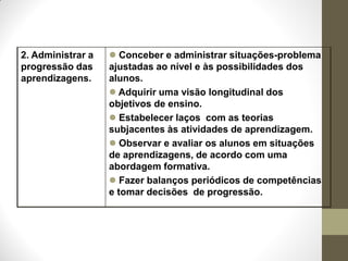 2. Administrar a    Conceber e administrar situações-problema
progressão das     ajustadas ao nível e às possibilidades dos
aprendizagens.     alunos.
                    Adquirir uma visão longitudinal dos
                   objetivos de ensino.
                    Estabelecer laços com as teorias
                   subjacentes às atividades de aprendizagem.
                    Observar e avaliar os alunos em situações
                   de aprendizagens, de acordo com uma
                   abordagem formativa.
                    Fazer balanços periódicos de competências
                   e tomar decisões de progressão.
 