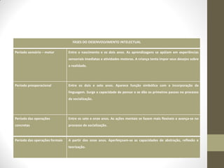 FASES DO DESENVOLVIMENTO INTELECTUAL

Período sensório – motor        Entre o nascimento e os dois anos. As aprendizagens se apóiam em experiências
                                sensoriais imediatas e atividades motoras. A criança tenta impor seus desejos sobre
                                a realidade.




Período preoperacional          Entre os dois e sete anos. Aparece função simbólica com a incorporação da
                                linguagem. Surge a capacidade de pensar e se dão os primeiros passos no processo
                                de socialização.




Período das operações           Entre os sete e onze anos. As ações mentais se fazem mais flexíveis e avança-se no
concretas                       processo de socialização.



Período das operações formais   A partir dos onze anos. Aperfeiçoam-se as capacidades de abstração, reflexão e
                                teorização.
 