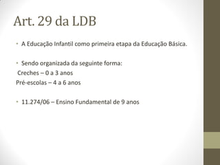 Art. 29 da LDB
• A Educação Infantil como primeira etapa da Educação Básica.

• Sendo organizada da seguinte forma:
 Creches – 0 a 3 anos
Pré-escolas – 4 a 6 anos

• 11.274/06 – Ensino Fundamental de 9 anos
 