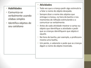 • Atividades
• Habilidades             • Toda vez que a criança pedir algo estimulá-la
                            a falar o nome do objeto desejado.
• Comunica-se
                          • Sempre dizer o nome dos objetos que
  verbalmente usando        entrega à criança, na hora do banho e nos
  sílabas simples           momentos de refeição estimulando-a a
• Identifica objetos de     comunicar-se verbalmente.
  seu cotidiano           • Antes de cada atividade mostrar o cartaz ou
                            objeto que identifique a atividade e pedir
                            que as crianças identifiquem que objeto é
                            aquele.
                          • Na hora do banho, por exemplo, a professora
                            mostra uma toalha,
                          • Um pente, o sabonete e pede que as crianças
                            digam o nome do objeto mostrado.
 
