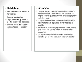 • Habilidades                 • Atividades
• Destampa caixas e volta a   • Solicitar que as crianças coloquem brinquedos ou
  tampá-las                     objetos diversos dentro de caixas e tampe-as, e
                                depois solicitar que destampem as caixas e peguem
• Supera obstáculos             os brinquedos.
• Joga ou chuta, quando se    • Organizar brincadeiras com bola onde as crianças
  pede, na direção desejada     sejam orientadas a jogar ou chutar na direção
• Sobe e desce de objetos       pedida.
  existentes ao seu redor     • Estimular as crianças a jogarem e chutarem com os
                                pés direito e esquerdo e com as mãos direita e
                                esquerda.
                              • Ao organizar objetos nas estantes ou armários
                                solicitar que as crianças subam e desçam objetos.
 