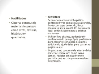 • Atividades
• Habilidades
                           • Separar um acervo bibliográfico
• Observa e manuseia         contendo livros com gravuras grandes,
  materiais impressos        livros com capa de tecido, livros
                             musicais e etc e colocá-los na sala em
  como livros, revistas,     local de fácil acesso para a criança
  histórias em               manusear.
  quadrinhos.              • Utilizar livro gigante, podendo ser
                             confeccionado pela própria professora
                             para contar história para os alunos
                             solicitando ajuda deles para passar as
                             páginas e etc.
                           • Organizar no cantinho da leitura vários
                             materiais impressos como livros,
                             jornais, revistas em quadrinho e
                             permitir que as crianças manuseiem
                             livremente.
 