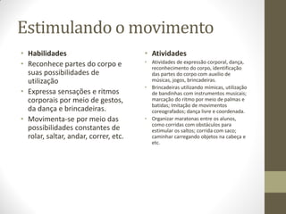 Estimulando o movimento
• Habilidades                          • Atividades
• Reconhece partes do corpo e          • Atividades de expressão corporal, dança,
                                         reconhecimento do corpo, identificação
  suas possibilidades de                 das partes do corpo com auxilio de
  utilização                             músicas, jogos, brincadeiras.
                                       • Brincadeiras utilizando mímicas, utilização
• Expressa sensações e ritmos            de bandinhas com instrumentos musicais;
  corporais por meio de gestos,          marcação do ritmo por meio de palmas e
                                         batidas; Imitação de movimentos
  da dança e brincadeiras.               coreografados; dança livre e coordenada.
• Movimenta-se por meio das            • Organizar maratonas entre os alunos,
                                         como corridas com obstáculos para
  possibilidades constantes de           estimular os saltos; corrida com saco;
  rolar, saltar, andar, correr, etc.     caminhar carregando objetos na cabeça e
                                         etc.
 