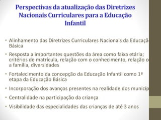 Perspectivas da atualização das Diretrizes
     Nacionais Curriculares para a Educação
                     Infantil

• Alinhamento das Diretrizes Curriculares Nacionais da Educação
  Básica
• Resposta a importantes questões da área como faixa etária;
  critérios de matrícula, relação com o conhecimento, relação com
  a família, diversidades
• Fortalecimento da concepção da Educação Infantil como 1ª
  etapa da Educação Básica
• Incorporação dos avanços presentes na realidade dos municípios
• Centralidade na participação da criança
• Visibilidade das especialidades das crianças de até 3 anos
 