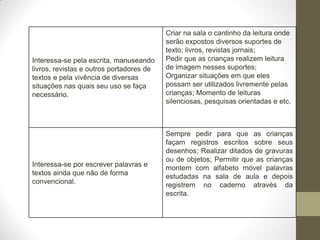 Criar na sala o cantinho da leitura onde
                                          serão expostos diversos suportes de
                                          texto; livros, revistas jornais;
Interessa-se pela escrita, manuseando     Pedir que as crianças realizem leitura
livros, revistas e outros portadores de   de imagem nesses suportes;
textos e pela vivência de diversas        Organizar situações em que eles
situações nas quais seu uso se faça       possam ser utilizados livremente pelas
necessário.                               crianças; Momento de leituras
                                          silenciosas, pesquisas orientadas e etc.



                                          Sempre pedir para que as crianças
                                          façam registros escritos sobre seus
                                          desenhos; Realizar ditados de gravuras
                                          ou de objetos; Permitir que as crianças
Interessa-se por escrever palavras e      montem com alfabeto móvel palavras
textos ainda que não de forma             estudadas na sala de aula e depois
convencional.                             registrem no caderno através da
                                          escrita.
 