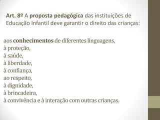 Art. 8º A proposta pedagógica das instituições de
 Educação Infantil deve garantir o direito das crianças:

aos conhecimentos de diferentes linguagens,
à proteção,
à saúde,
à liberdade,
à confiança,
ao respeito,
à dignidade,
à brincadeira,
à convivência e à interação com outras crianças.
 