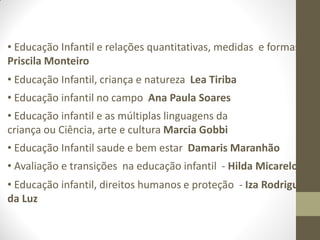 • Educação Infantil e relações quantitativas, medidas e formas
Priscila Monteiro
• Educação Infantil, criança e natureza Lea Tiriba
• Educação infantil no campo Ana Paula Soares
• Educação infantil e as múltiplas linguagens da
criança ou Ciência, arte e cultura Marcia Gobbi
• Educação Infantil saude e bem estar Damaris Maranhão
• Avaliação e transições na educação infantil - Hilda Micarelo
• Educação infantil, direitos humanos e proteção - Iza Rodrigues
da Luz
 