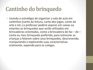 Cantinho do brinquedo
• Usando a estratégia de organizar a sala de aula em
  cantinhos (canto da leitura, canto dos jogos, canto da
  arte e etc.) o professor poderá separar em caixas ou
  estantes os brinquedos que serão utilizados em
  brincadeiras orientadas, como a brincadeira do faz – de –
  conta ou meu brinquedo preferido, para estimular as
  crianças a falarem sobre seus brinquedos, descrevendo,
  manipulando e explorando suas características
  oralmente, expondo para os colegas.
 