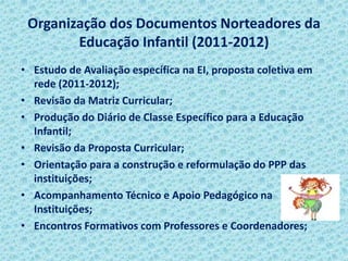 Organização dos Documentos Norteadores da
Educação Infantil (2011-2012)
• Estudo de Avaliação específica na EI, proposta coletiva em
rede (2011-2012);
• Revisão da Matriz Curricular;
• Produção do Diário de Classe Específico para a Educação
Infantil;
• Revisão da Proposta Curricular;
• Orientação para a construção e reformulação do PPP das
instituições;
• Acompanhamento Técnico e Apoio Pedagógico na
Instituições;
• Encontros Formativos com Professores e Coordenadores;
 