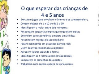 O que esperar das crianças de  4 e 5 anos Executem jogos que envolvam números e os compreendam; Contem objetos de 1 a 10 ou de 1 a 20; Identifiquem o maior entre dois números; Respondam perguntas simples que requeiram lógica; Entendam correspondência um para um até dez; Reconheçam moedas do seu cotidiano; Façam estimativas em situações da vida real; Usem palavras relacionadas a posição; Agrupem figuras segundo a forma; Identifiquem as 4 formas geométricas básicas; Comparem os tamanhos dos objetos; Trabalhem com quebra-cabeça de várias peças. 