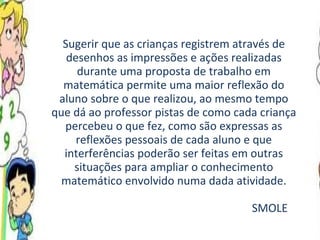 Sugerir que as crianças registrem através de desenhos as impressões e ações realizadas durante uma proposta de trabalho em matemática permite uma maior reflexão do aluno sobre o que realizou, ao mesmo tempo que dá ao professor pistas de como cada criança percebeu o que fez, como são expressas as reflexões pessoais de cada aluno e que interferências poderão ser feitas em outras situações para ampliar o conhecimento matemático envolvido numa dada atividade. SMOLE 