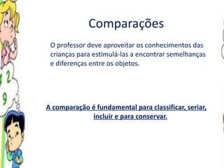 Comparações O professor deve aproveitar os conhecimentos das crianças para estimulá-las a encontrar semelhanças e diferenças entre os objetos. A comparação é fundamental para classificar, seriar, incluir e para conservar. 