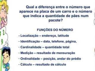 FUNÇÕES DO NÚMERO - Localização – endereço, latitude Identificação – data, telefone, página,  Cardinalidade – quantidade total Medição – resultado de mensuração Ordinalidade – posição, andar do prédio Cálculo – resultado de cálculo Qual a diferença entre o número que aparece na placa de um carro e o número que indica a quantidade de pães num pacote? 