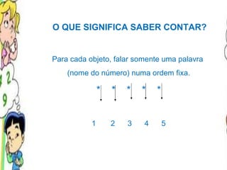 O QUE SIGNIFICA SABER CONTAR? Para cada objeto, falar somente uma palavra  (nome do número) numa ordem fixa. *  *  *  *  * 1  2  3  4  5 