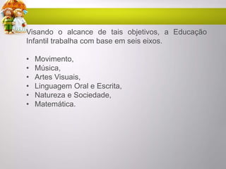 Visando o alcance de tais objetivos, a Educação
Infantil trabalha com base em seis eixos.
• Movimento,
• Música,
• Artes Visuais,
• Linguagem Oral e Escrita,
• Natureza e Sociedade,
• Matemática.
 