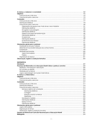 A criança, a natureza e a sociedade .......................................................................................................                      169
Objetivos ....................................................................................................................................................   175
    Crianças de zero a três anos ..................................................................................................................              175
    Crianças de quatro a seis anos ..............................................................................................................                175
Conteúdos .................................................................................................................................................      177
    Crianças de zero a três anos ..................................................................................................................              177
    Orientações didáticas ............................................................................................................................           178
    Crianças de quatro a seis anos ..............................................................................................................                180
         Organização dos grupos e seu modo de ser, viver e trabalhar ..........................................................                                  181
         Orientações didáticas ......................................................................................................................            182
         Os lugares e suas paisagens .............................................................................................................               182
         Orientações didáticas ......................................................................................................................            184
         Objetos e processos de transformação ............................................................................................                       186
         Orientações didáticas ......................................................................................................................            187
         Os seres vivos ...................................................................................................................................      188
         Orientações didáticas ......................................................................................................................            189
         Os fenômenos da natureza ..............................................................................................................                 191
         Orientações didáticas ......................................................................................................................            191
Orientações gerais para o professor .........................................................................................................                    195
    Diversidade de recursos materiais ...........................................................................................................                198
    Diferentes formas de sistematização dos conhecimentos ........................................................................                               199
    Cooperação .........................................................................................................................................         199
    Atividades permanentes .........................................................................................................................             200
         Jogos e brincadeiras ........................................................................................................................           200
         Projetos ............................................................................................................................................   201
    Organização do espaço ........................................................................................................................               201
Observação, registro e avaliação formativa ............................................................................................                          203

MATEMÁTICA
Introdução .................................................................................................................................................     207
Presença da Matemática na educação infantil: idéias e práticas correntes ..........................................                                              209
    Repetição, memorização e associação .................................................................................................                        209
    Do concreto ao abstrato ........................................................................................................................             209
    Atividades pré-numéricas .......................................................................................................................             210
    Jogos e aprendizagem de noções matemáticas ...................................................................................                               210
A criança e a Matemática ........................................................................................................................                213
Objetivos ....................................................................................................................................................   215
    Crianças de zero a três anos ..................................................................................................................              215
    Crianças de quatro a seis anos ..............................................................................................................                215
Conteúdos .................................................................................................................................................      217
    Crianças de zero a três anos ..................................................................................................................              217
    Orientações didáticas ............................................................................................................................           218
    Crianças de quatro a seis anos ..............................................................................................................                219
         Números e sistema de numeração ..................................................................................................                       219
             Orientações didáticas ................................................................................................................              220
             Contagem .................................................................................................................................          220
             Notação e escrita numéricas .....................................................................................................                   222
             Operações ................................................................................................................................          223
         Grandezas e medidas ......................................................................................................................              225
         Orientações didáticas ......................................................................................................................            226
         Espaço e forma ...............................................................................................................................          229
         Orientações didáticas ......................................................................................................................            229
Orientações gerais para o professor .........................................................................................................                    235
    Jogos e brincadeiras ..............................................................................................................................          235
    Organização do tempo .........................................................................................................................               235
    Observação, registro e avaliação formativa ...........................................................................................                       237
Estrutura do Referencial Curricular Nacional para a Educação Infantil ...................................................                                        241
Bibliografia .................................................................................................................................................   243


                                                                               11
 
