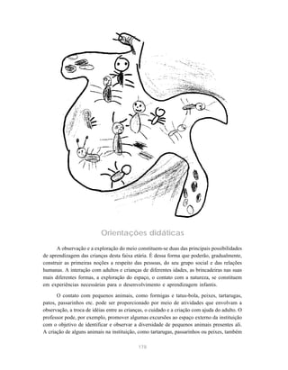 Orientações didáticas
      A observação e a exploração do meio constituem-se duas das principais possibilidades
de aprendizagem das crianças desta faixa etária. É dessa forma que poderão, gradualmente,
construir as primeiras noções a respeito das pessoas, do seu grupo social e das relações
humanas. A interação com adultos e crianças de diferentes idades, as brincadeiras nas suas
mais diferentes formas, a exploração do espaço, o contato com a natureza, se constituem
em experiências necessárias para o desenvolvimento e aprendizagem infantis.

      O contato com pequenos animais, como formigas e tatus-bola, peixes, tartarugas,
patos, passarinhos etc. pode ser proporcionado por meio de atividades que envolvam a
observação, a troca de idéias entre as crianças, o cuidado e a criação com ajuda do adulto. O
professor pode, por exemplo, promover algumas excursões ao espaço externo da instituição
com o objetivo de identificar e observar a diversidade de pequenos animais presentes ali.
A criação de alguns animais na instituição, como tartarugas, passarinhos ou peixes, também

                                            178
 