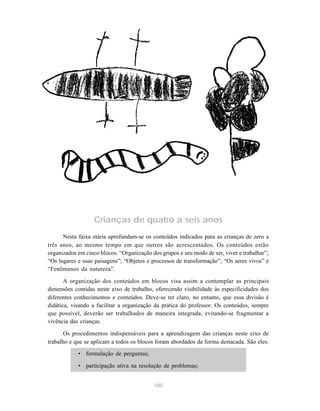 Crianças de quatro a seis anos
      Nesta faixa etária aprofundam-se os conteúdos indicados para as crianças de zero a
três anos, ao mesmo tempo em que outros são acrescentados. Os conteúdos estão
organizados em cinco blocos: “Organização dos grupos e seu modo de ser, viver e trabalhar”;
“Os lugares e suas paisagens”; “Objetos e processos de transformação”; “Os seres vivos” e
“Fenômenos da natureza”.

       A organização dos conteúdos em blocos visa assim a contemplar as principais
dimensões contidas neste eixo de trabalho, oferecendo visibilidade às especificidades dos
diferentes conhecimentos e conteúdos. Deve-se ter claro, no entanto, que essa divisão é
didática, visando a facilitar a organização da prática do professor. Os conteúdos, sempre
que possível, deverão ser trabalhados de maneira integrada, evitando-se fragmentar a
vivência das crianças.

       Os procedimentos indispensáveis para a aprendizagem das crianças neste eixo de
trabalho e que se aplicam a todos os blocos foram abordados de forma destacada. São eles:
            • formulação de perguntas;

            • participação ativa na resolução de problemas;


                                           180
 
