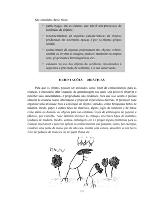 São conteúdos deste bloco:

            • participação em atividades que envolvam processos de
              confecção de objetos;

            • reconhecimento de algumas características de objetos
              produzidos em diferentes épocas e por diferentes grupos
              sociais;

            • conhecimento de algumas propriedades dos objetos: refletir,
              ampliar ou inverter as imagens, produzir, transmitir ou ampliar
              sons, propriedades ferromagnéticas etc.;

            • cuidados no uso dos objetos do cotidiano, relacionados à
              segurança e prevenção de acidentes, e à sua conservação.



                          ORIENTAÇÕES            DIDÁTICAS

       Para que os objetos possam ser utilizados como fonte de conhecimentos para as
crianças, é necessário criar situações de aprendizagem nas quais seja possível observar e
perceber suas características e propriedades não evidentes. Para que isso ocorra é preciso
oferecer às crianças novas informações e propiciar experiências diversas. O professor pode
organizar uma atividade para a confecção de objetos variados, como brinquedos feitos de
madeira, tecido, papel e outros tipos de materiais, alguns jogos de tabuleiro e de mesa,
como dama ou dominó, ou objetos para uso cotidiano feitos de embalagens de papelão e
plástico, por exemplo. Pode também oferecer às crianças diferentes tipos de materiais
(pedaços de madeira, tecidos, cordas, embalagens etc.) e propor alguns problemas para as
crianças resolverem e poderem aplicar os conhecimentos que possuem, como, por exemplo,
construir uma ponte de modo que ela não caia, montar uma cabana, descobrir se um barco
feito de pedaços de madeira ou de papel flutua etc.




                                           187
 